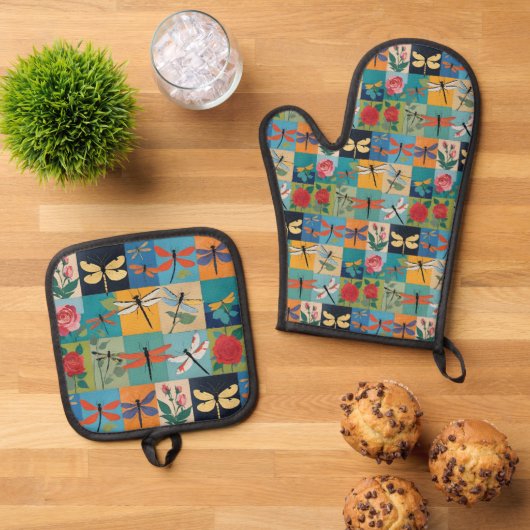Bunte Libellen und Rosen Patchwork Ofenhandschuh & Topflappen-Set (Oben Unten)
