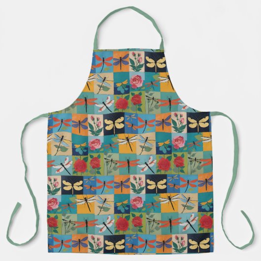 Bunte Libellen und Rosen Patchwork Schürze (Vorderseite)