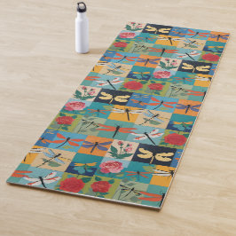 Bunte Libellen und Rosen Patchwork Yogamatte