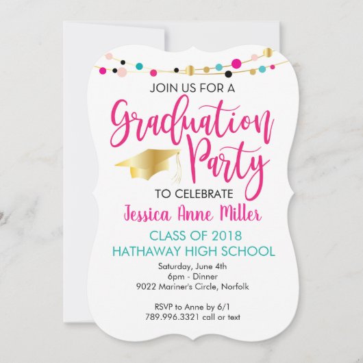 Bunte Licht-rosa GoldAbschluss-Party Einladung (Vorderseite)