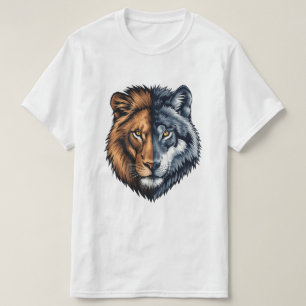 Bunte Löwe Wolf geteilte Gesicht-Illustration T-Shirt