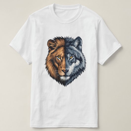 Bunte Löwe Wolf geteilte Gesicht-Illustration T-Shirt (Design vorne)