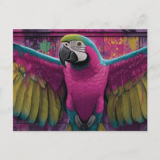 Bunte Macaw-Graffiti-Mauer mit Rosa und Gelb Postkarte (Vorderseite)