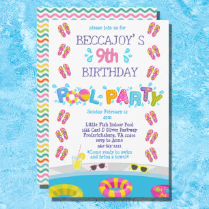 Bunte Mädchen Flip Flops Planschen Poolparty Einladung