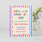 Bunte Mädchen wollen einfach nur einen Geburtstag Einladung (Stehend Vorderseite)