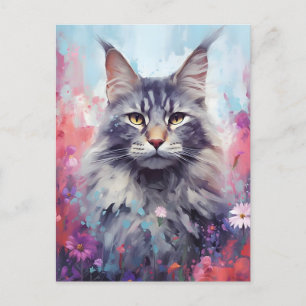 Bunte Maine-Coon-Wasserfarben-Kunst Postkarte
