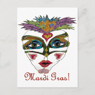 Bunte Mardi Gras Glitter Feder Maske Postkarte