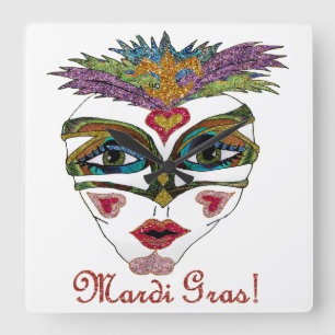 Bunte Mardi Gras Glitter Feder Maske Quadratische Wanduhr