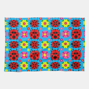 Bunte Marienkäfer Blumen Blau Garten Geschirrtuch