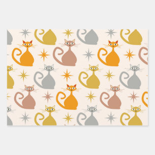 Bunte Mid Century Atomic Katzen mit Sternenexplosi Geschenkpapier Set