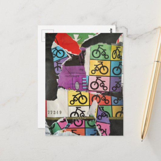 Bunte Mixed-Media-Collage mit Fahrrädern Postkarte (Vorderseite/Rückseite Beispiel)