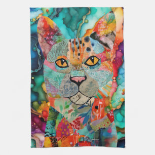 Bunte Mixed-Media-Papier-Katze-Küchenhandtuch Geschirrtuch