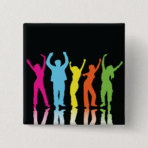 Bunte Neon tanzende Silhouetten Retro-Party Button