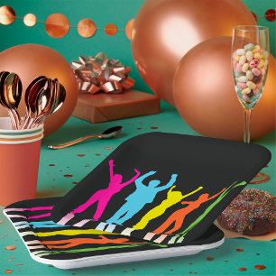 Bunte Neon tanzende Silhouetten Retro-Party Pappteller