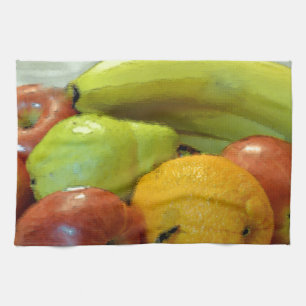 Bunte Obstschale, Orange, Apfel, Birne, Küchentuch