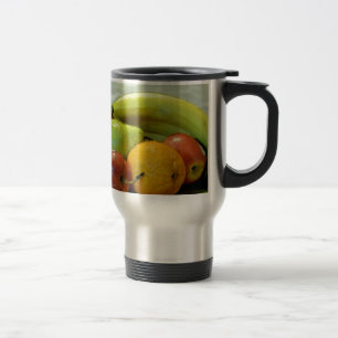 Bunte Obstschale, Orange, Apfel, Birne, Reisebecher