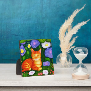 Bunte Orange Katze im Blumengarten Fotoplatte