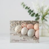 Bunte Ostereier Postkarte mit Frühlingsblumen (Stehend Vorderseite)