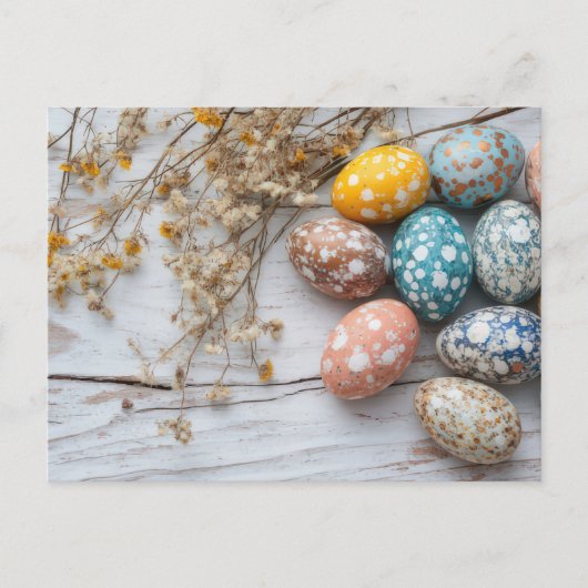 Bunte Ostereier Postkarte mit Frühlingsblumen (Vorderseite)