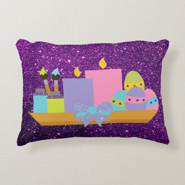 Bunte Ostereier u. Kerzen lila Imitat-Glitzer- Zierkissen (Vorderseite)