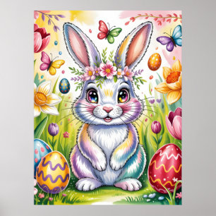 Bunte Osterhasen-Illustration mit Krone Poster