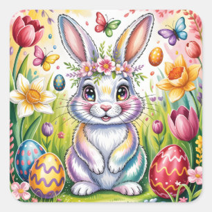Bunte Osterhasenillustration mit Krone Quadratischer Aufkleber