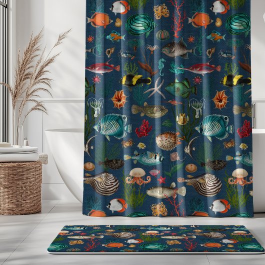 Bunte Ozeanien-Fische auf marineblauem Hintergrund Duschvorhang