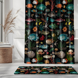 Bunte Ozeanien-Fische auf schwarzem Hintergrund Duschvorhang