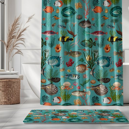 Bunte Ozeanien-Fische auf Türkis Hintergrund Duschvorhang