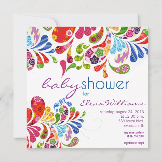 bunte Paisley-Babydusche Einladung (Vorderseite)