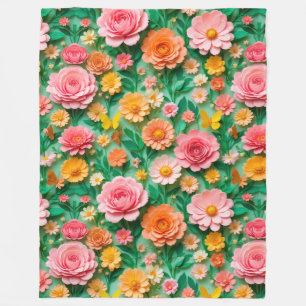 Bunte Papierblumen und Schmetterlinge Fleecedecke
