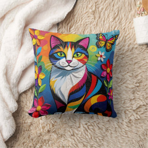 Bunte Papierkatze, Blumen und Schmetterlinge Kissen