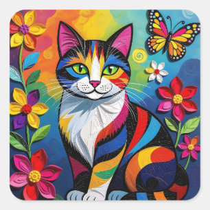 Bunte Papierkatze, Blumen und Schmetterlinge Quadratischer Aufkleber