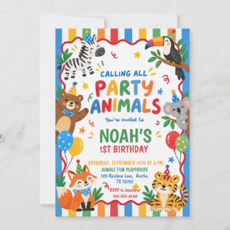 Bunte Party-Tiere 1. Geburtstag Einladung