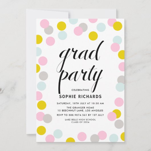 Bunte Pastel Confetti Dots Graduation Party Einladung (Vorderseite)