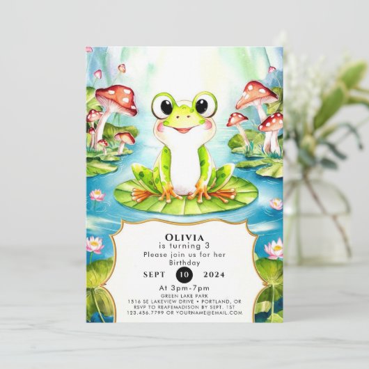 Bunte Pastel Frosch Geburtstag Einladung (Stehend Vorderseite)