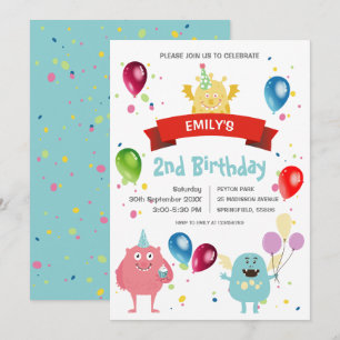 Bunte Pastell-Monster-Bash-Ballon-Kinder-Geburtsta Einladung