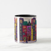 Bunte Patchwork-Häuser Textilkunst Tasse (Zentrum)