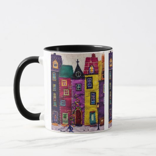 Bunte Patchwork-Häuser Textilkunst Tasse (Links)