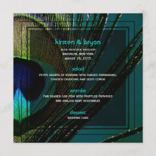 Bunte Pfau-Feder-Foto Boho Chic-Hochzeit Menükarte