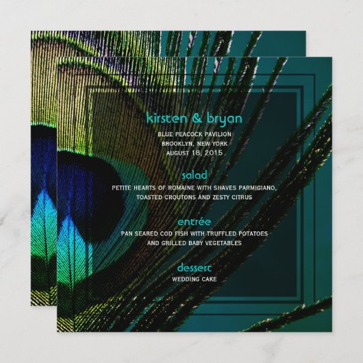 Bunte Pfau-Feder-Foto Boho Chic-Hochzeit Menükarte (Vorne/Hinten)