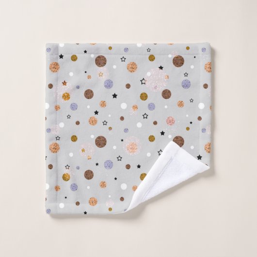Bunte Polka-Punkte auf Grau. Badhandtuch Set (Waschlappen)