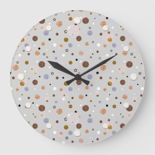 Bunte Polka-Punkte auf Grau. Große Wanduhr (Vorderseite)