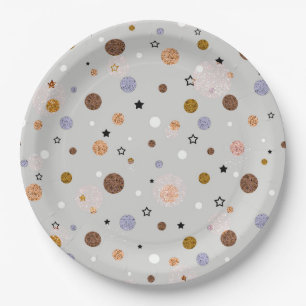 Bunte Polka-Punkte auf Grau. Pappteller