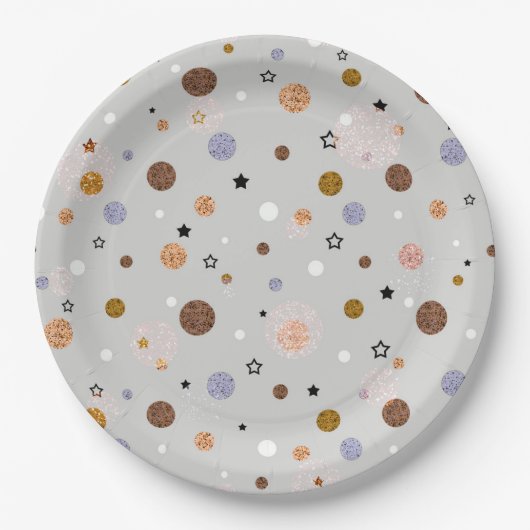 Bunte Polka-Punkte auf Grau. Pappteller (Vorderseite)