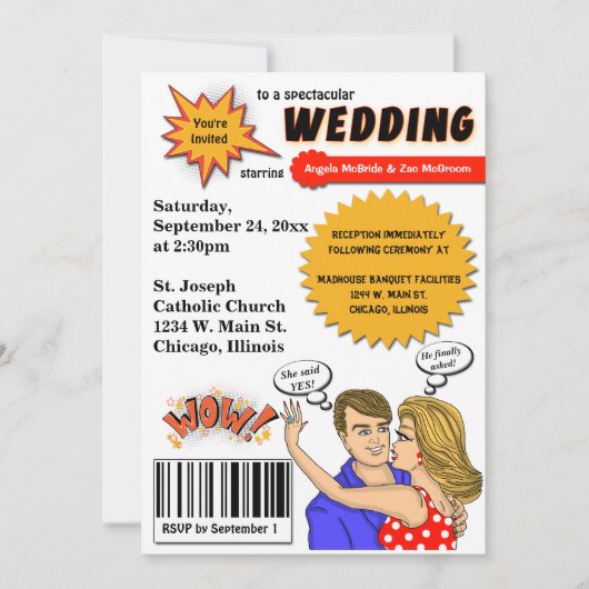 Bunte Pop-Kunst-Comic-Bucheinband-Hochzeit laden Einladung (Vorderseite)