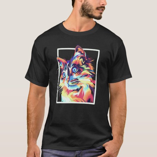 Bunte Pop Maine Coon Katze T-Shirt (Vorderseite)