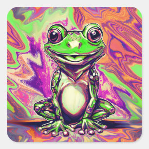 Bunte psychedelische Graffiti-Frosch-Grün-Lila Quadratischer Aufkleber