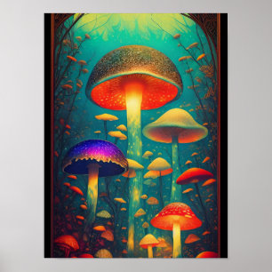 Bunte psychedelische Pilze Fantasy-Welt Poster