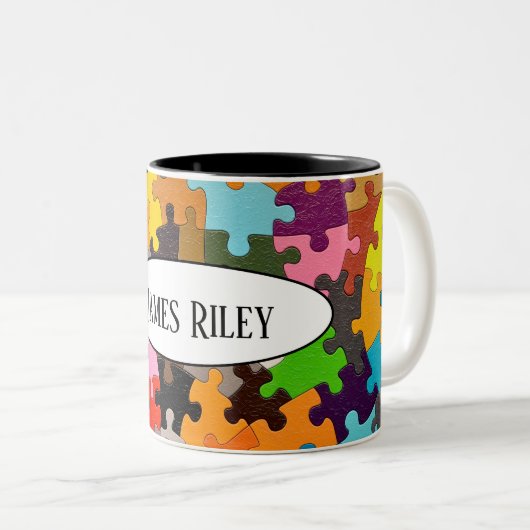 bunte Puzzleteile Zweifarbige Tasse (VorderseiteRechts)